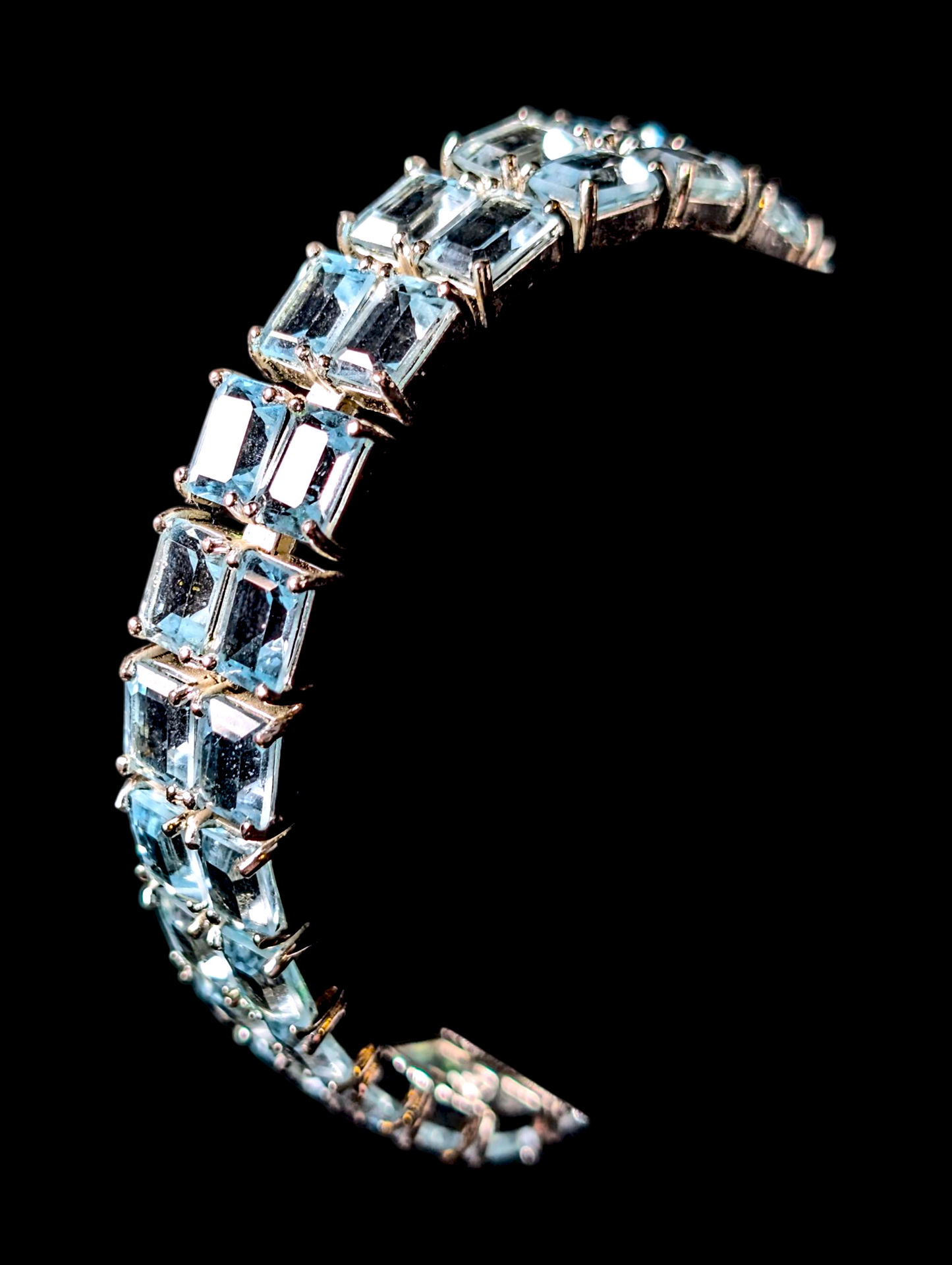 Vintage 50+ Carat Double Row Emerald Cut Genuine Sky Blue Topaz Sterling Silver Tennis Bracelet