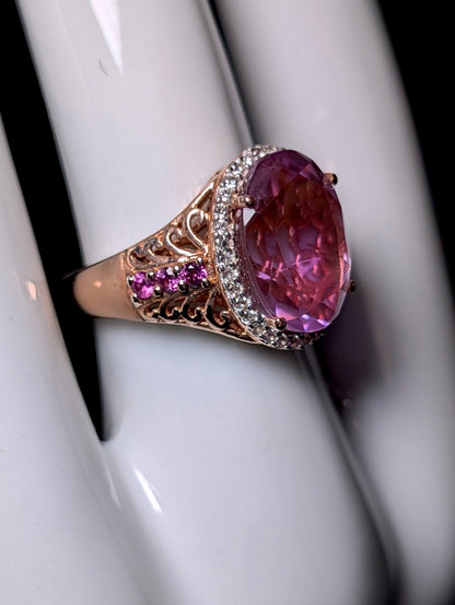 Vintage Oval Solitaire Genuine Pink Quartz, Rhodolite Garnet and Zircon Halo 14k Rose Gold Vermeil