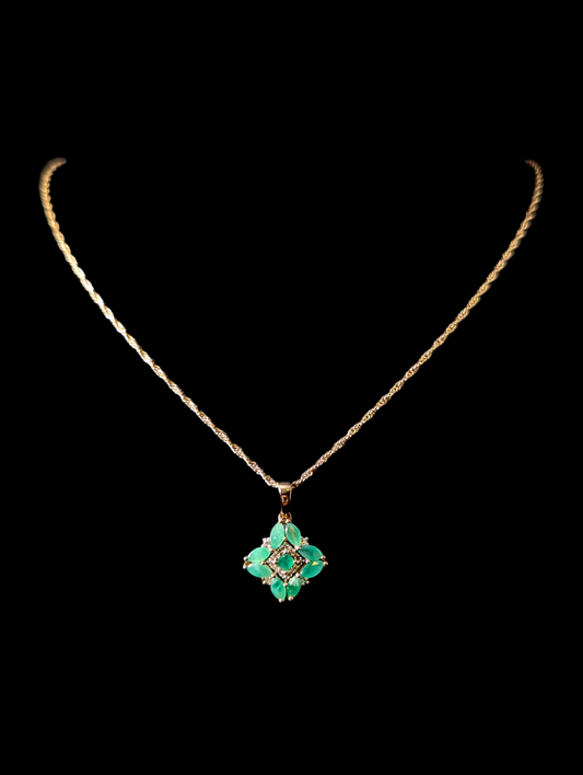 Vintage Genuine Emerald and White Zircon 14k Yellow Gold Vermeil Starburst Pendant and Rope Twisted Chain Necklace