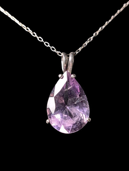 Vintage Large Pear Cut Genuine Purple Amethyst Sterling Silver Pendant