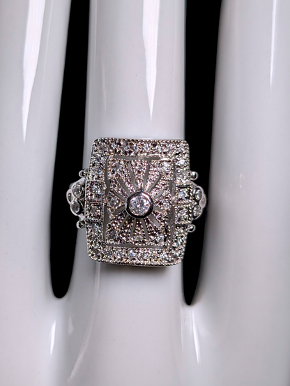 Vintage Art Deco Inspired Dazzling Simulated Diamond Sterling Silver Statement Ring