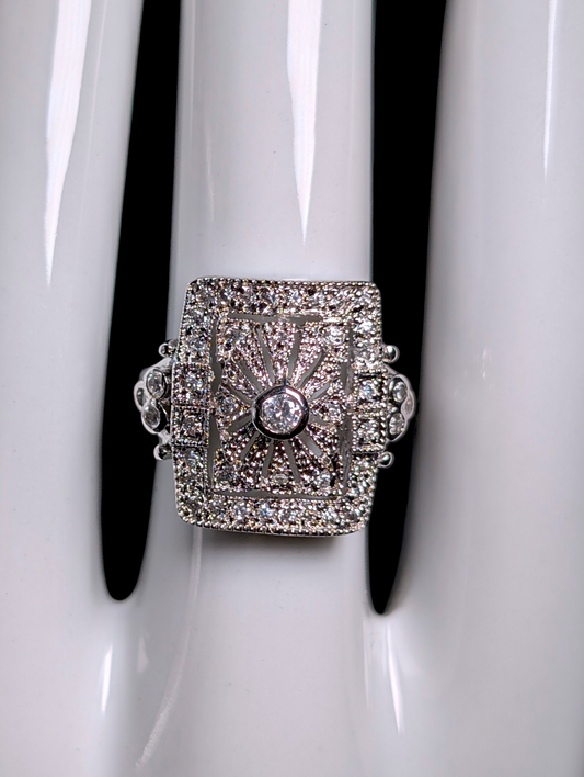 Vintage Art Deco Inspired Dazzling Simulated Diamond Sterling Silver Statement Ring