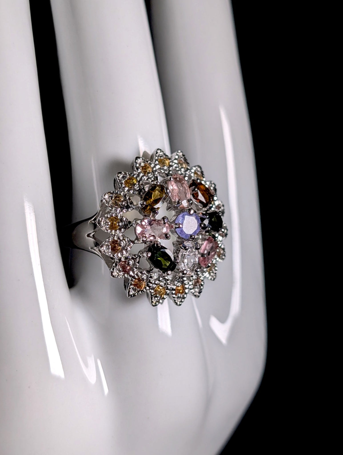 Vintage Genuine Tourmaline, Sapphire and Tanzanite Cluster Sterling Cocktail Ring