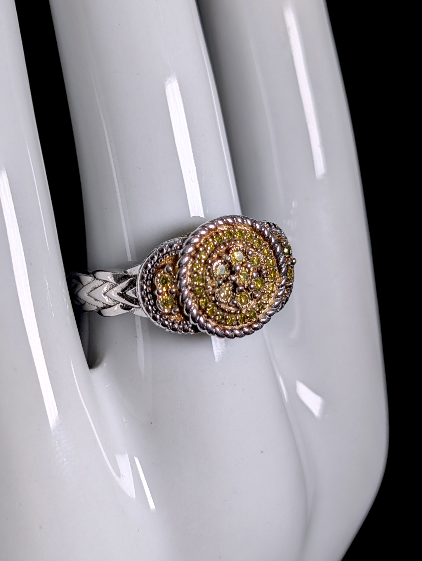 Vintage Three Tiered Genuine Yellow Diamond Braided Rope Halo Sterling Silver Ring