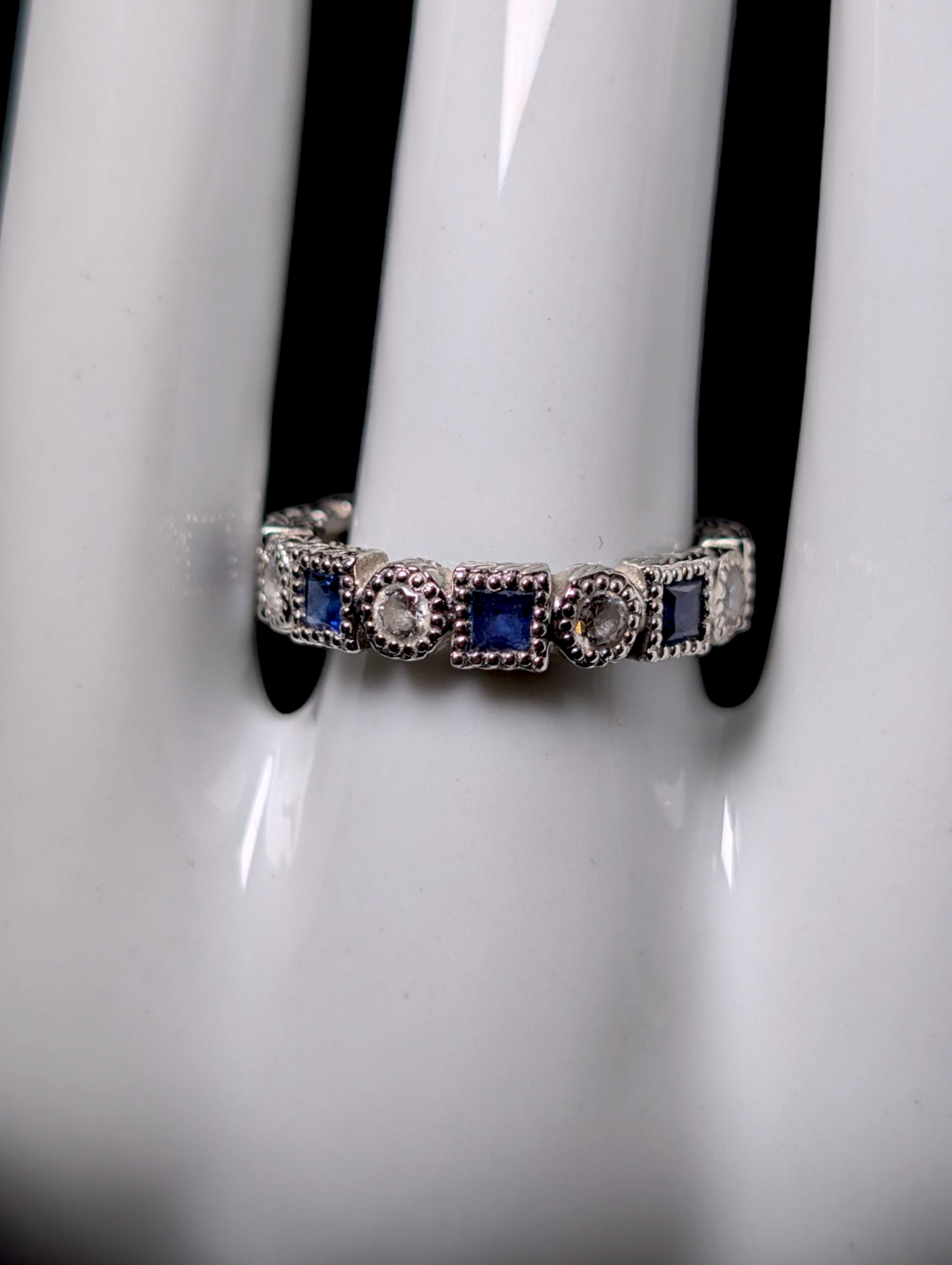 Vintage Alternating Genuine Blue Sapphire and Simulated Diamond Sterling Silver Band Ring