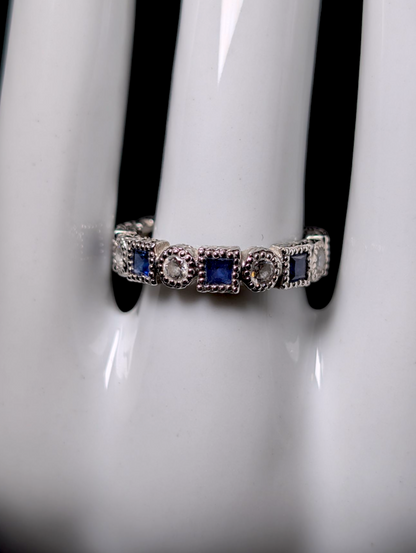 Vintage Alternating Genuine Blue Sapphire and Simulated Diamond Sterling Silver Band Ring