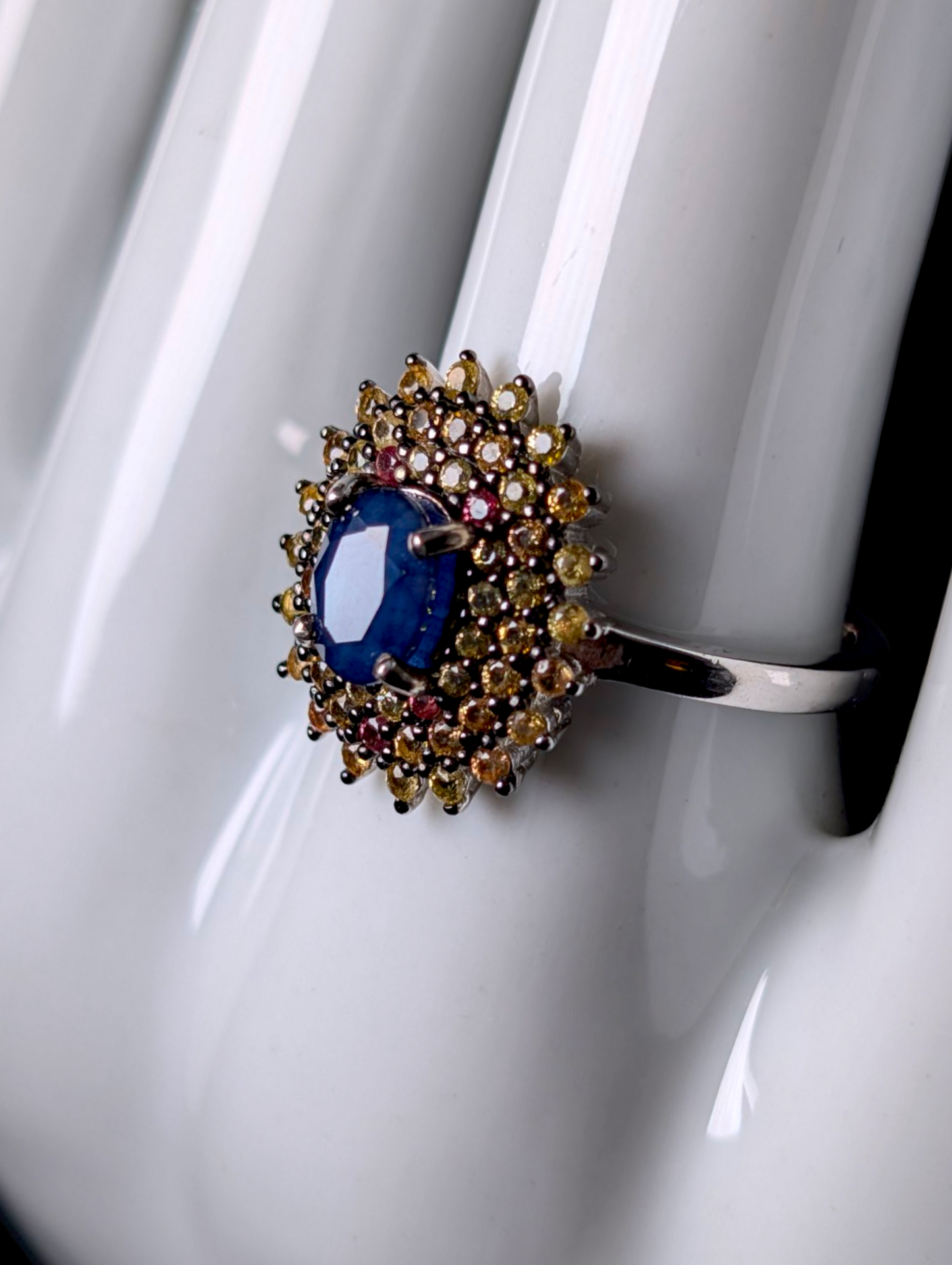 Vintage Inspired Oval Cut Earth Mined Genuine Royal Blue Sapphire Solitaire with Triple Fancy Sapphire Halo Sterling Silver Statement Ring