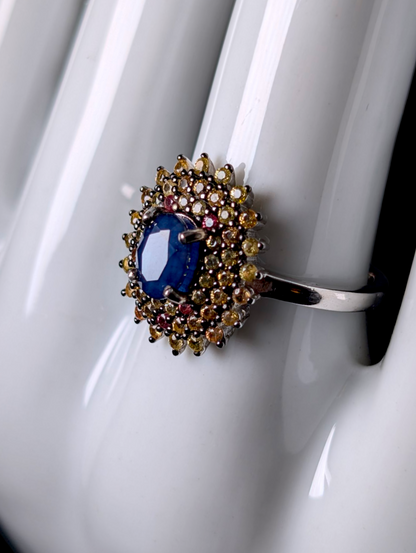 Vintage Inspired Oval Cut Earth Mined Genuine Royal Blue Sapphire Solitaire with Triple Fancy Sapphire Halo Sterling Silver Statement Ring