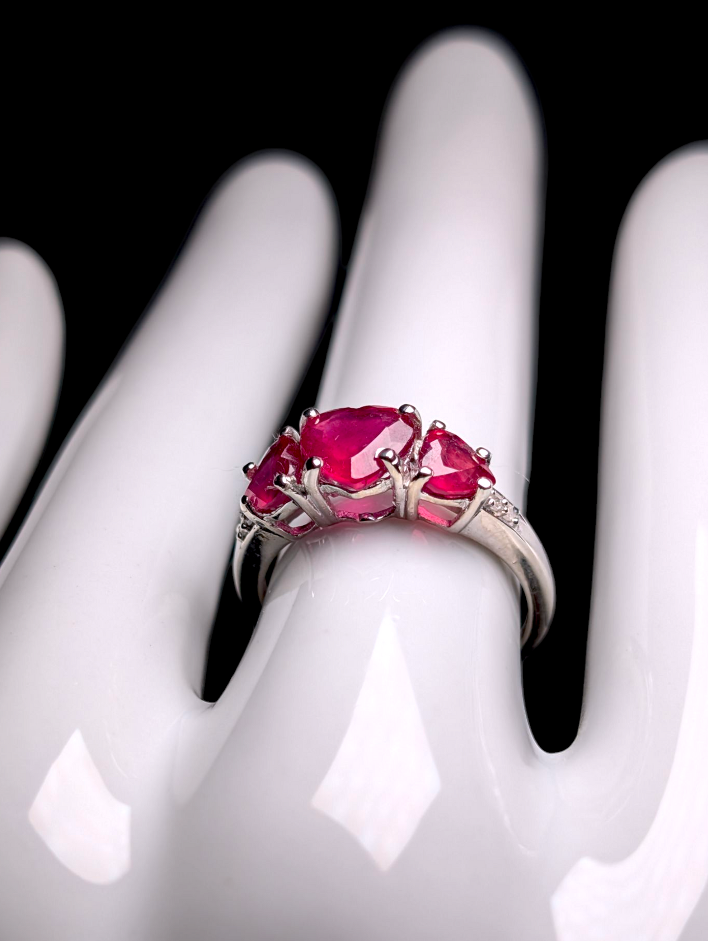 Vintage Three Heart Cut Genuine Ruby with Diamond Accent Stones Sterling Silver Ring