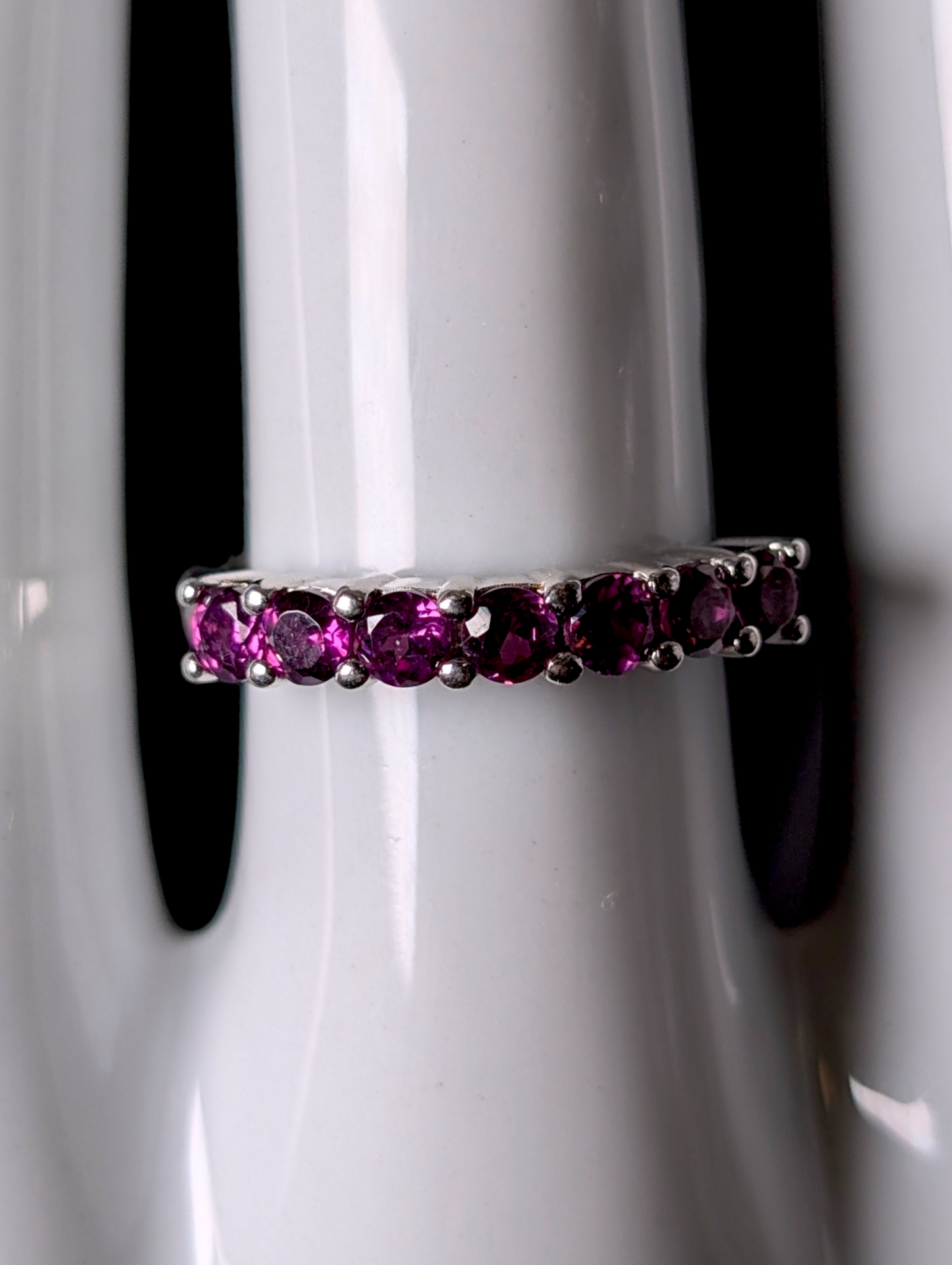 Vintage Half Eternity Band Round Cut Genuine Rhodolite Garnet Sterling Silver Ring