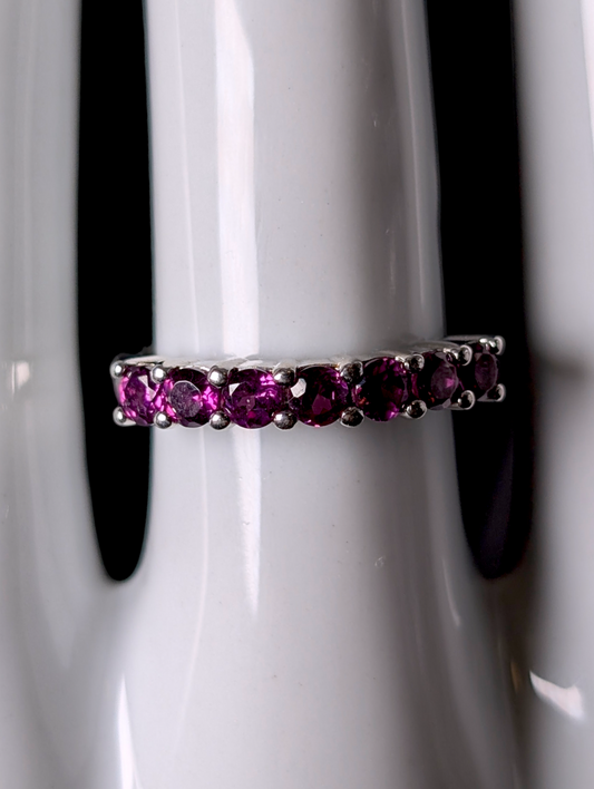 Vintage Half Eternity Band Round Cut Genuine Rhodolite Garnet Sterling Silver Ring