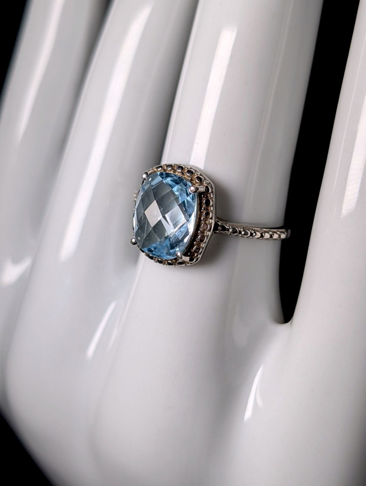 Vintage Checkerboard Cut Genuine Blue Topaz Solitaire Sterling Silver Ring