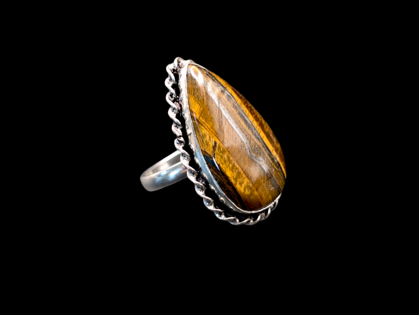 Vintage Large Pear Cut Tigers Eye Artisan Boho Gemstone Silver Ring