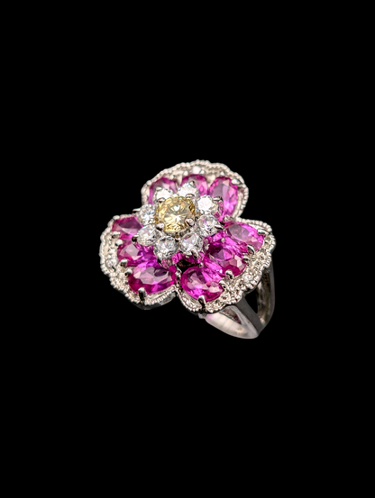 Vintage Pink Sapphire and Simulated Diamond 18k White Gold HGE Sterling Silver Ring