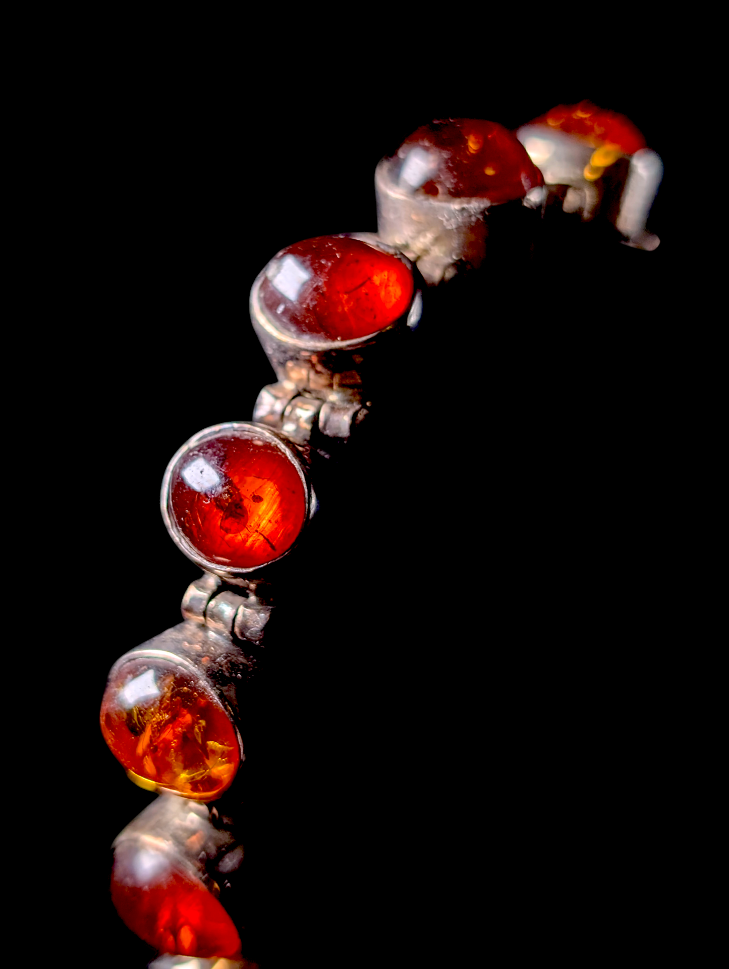 Vintage Oval Cut Cabochon Bezel Set Genuine Baltic Honey Amber Sterling Silver Tennis Bracelet