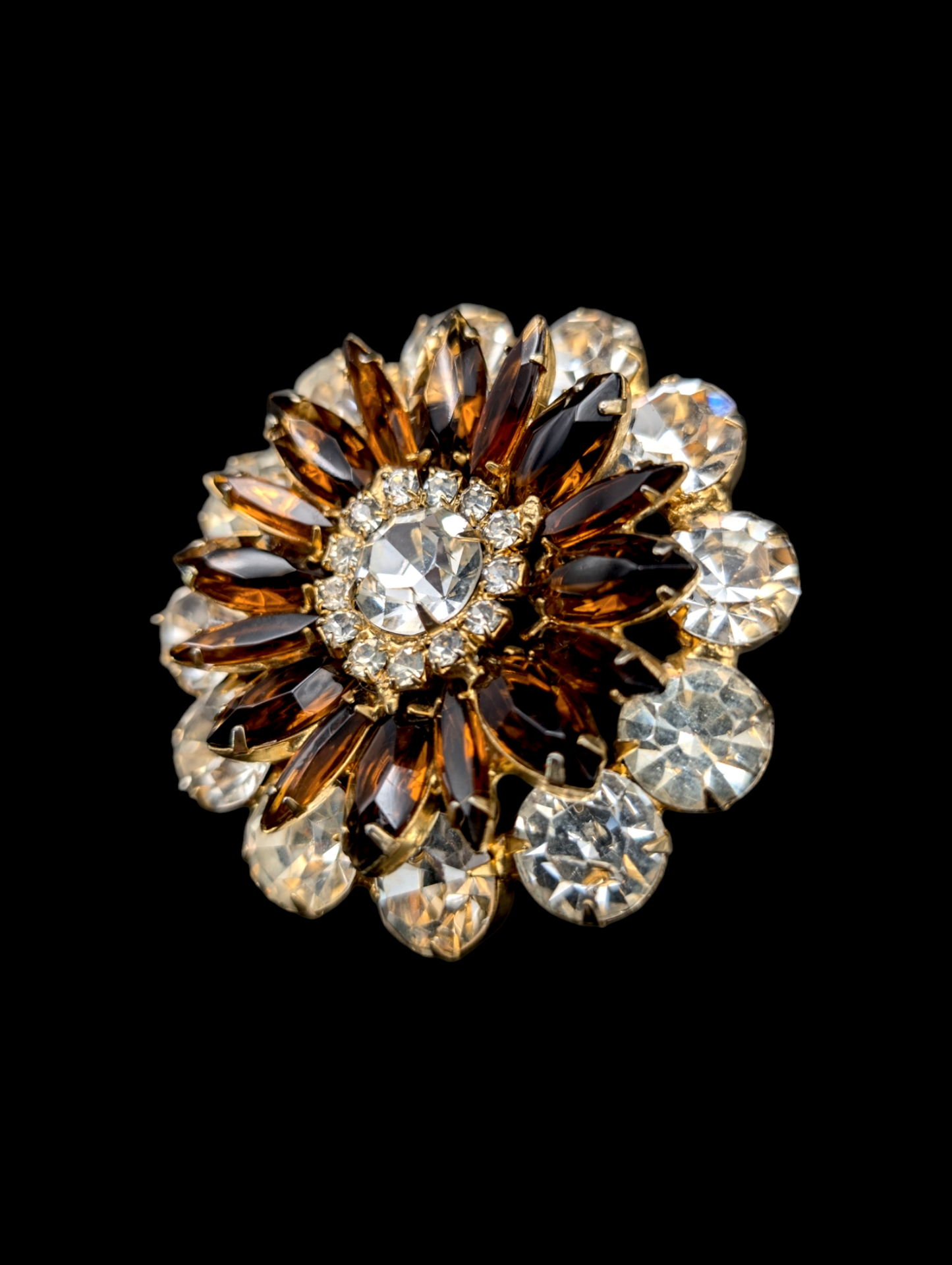 1940s Rare Large Juliana Smokey Topaz Starburst Layered Stacked Crystal Rhinestone Brooch