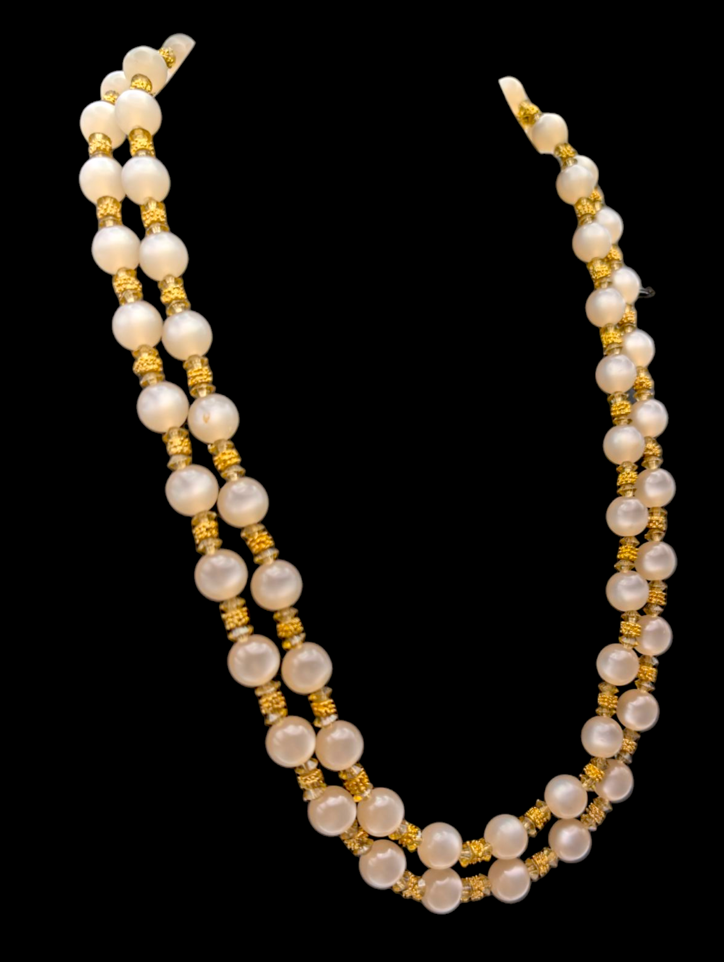 1950s Vintage Multi Strand Lucite Cream Moonglow and Gold Bead Necklace