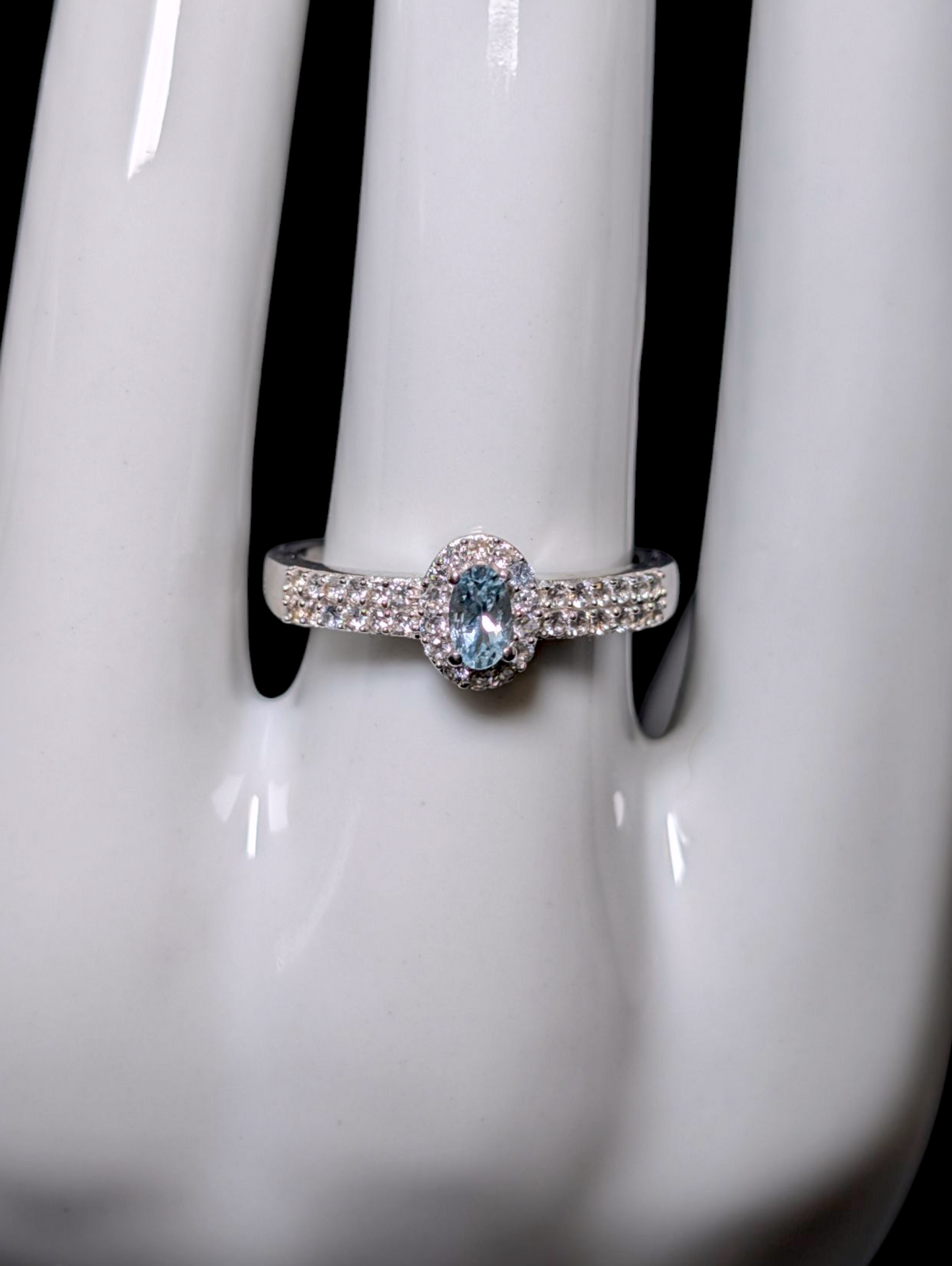 Vintage Dainty Oval Cut Solitaire Genuine Aquamarine and White Topaz Halo Sterling Silver Ring