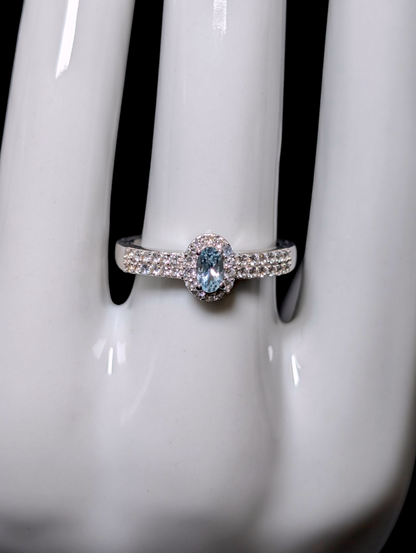 Vintage Dainty Oval Cut Solitaire Genuine Aquamarine and White Topaz Halo Sterling Silver Ring