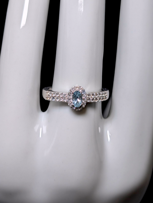 Vintage Dainty Oval Cut Solitaire Genuine Aquamarine and White Topaz Halo Sterling Silver Ring