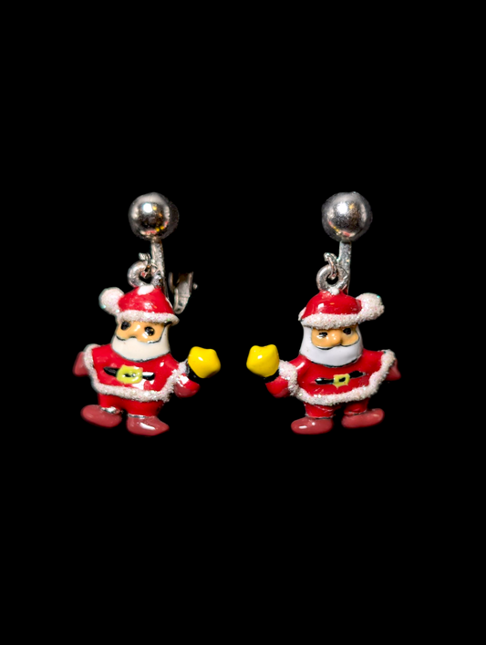 Vintage Enamel Santa with Candle Dangle Earrings