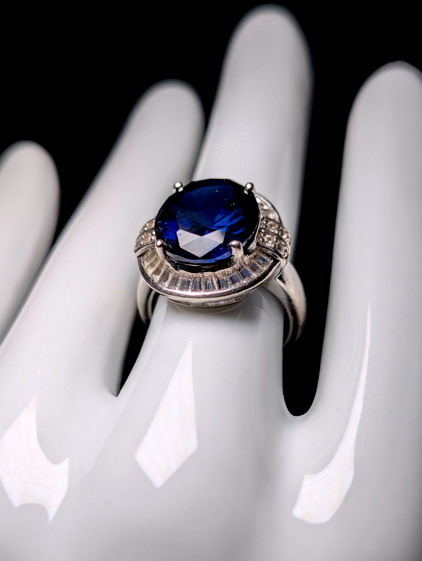 Vintage Inspired Large Oval Cut Genuine Blue Sapphire and White Sapphire Halo with White Zircon Accent Stones Sterling Silver Ring
