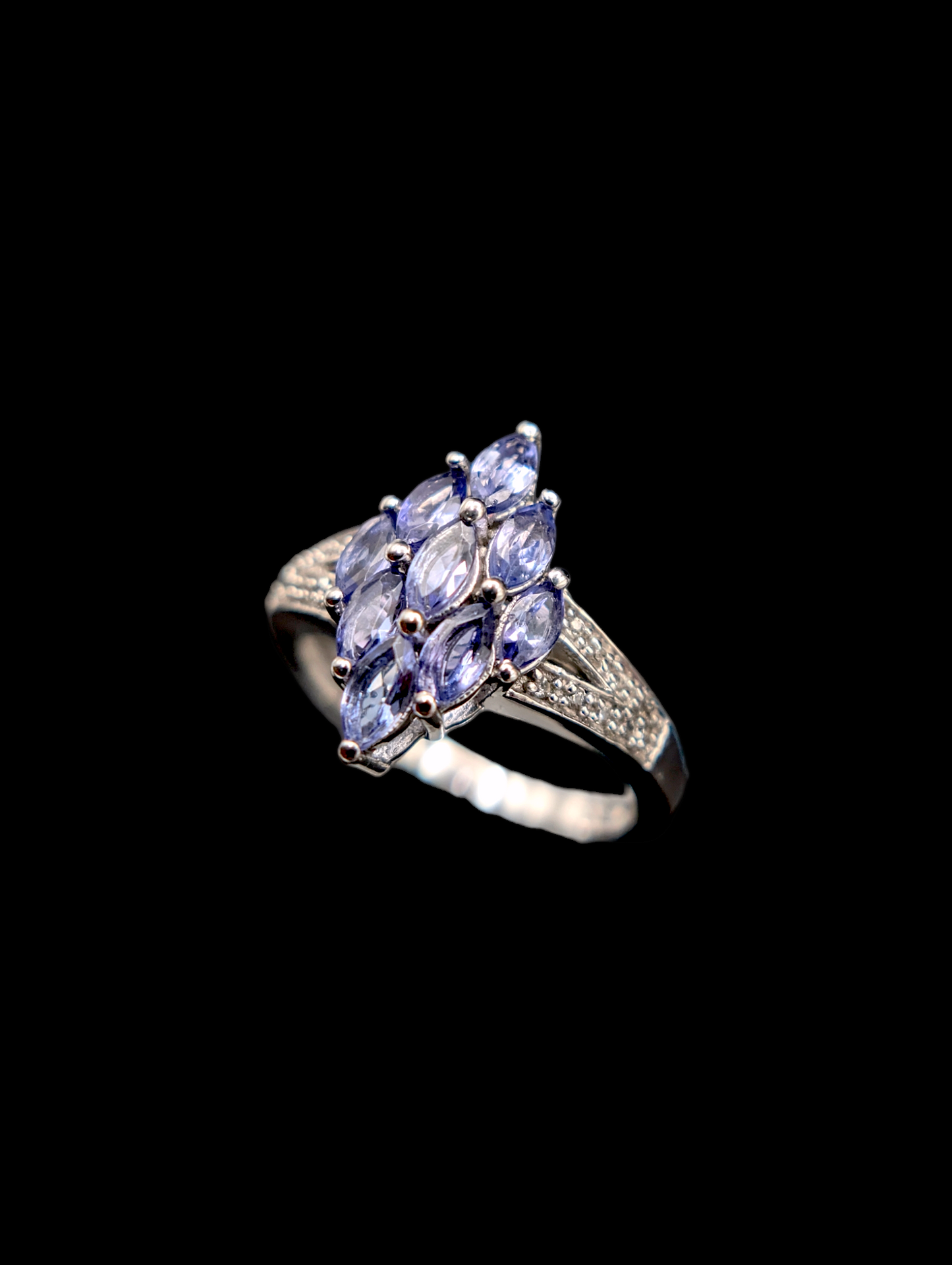 Vintage Cluster Genuine Tanzanite and White Topaz Split Shank Sterling Silver 925 Ring