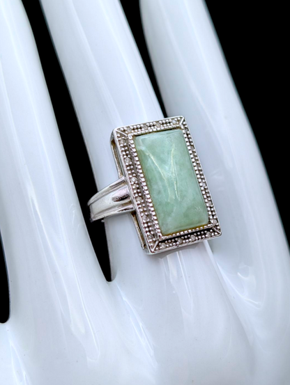 Vintage Earth Mined Rectangular Cut Genuine Jadeite and Diamond Accented Halo Sterling Silver Ring