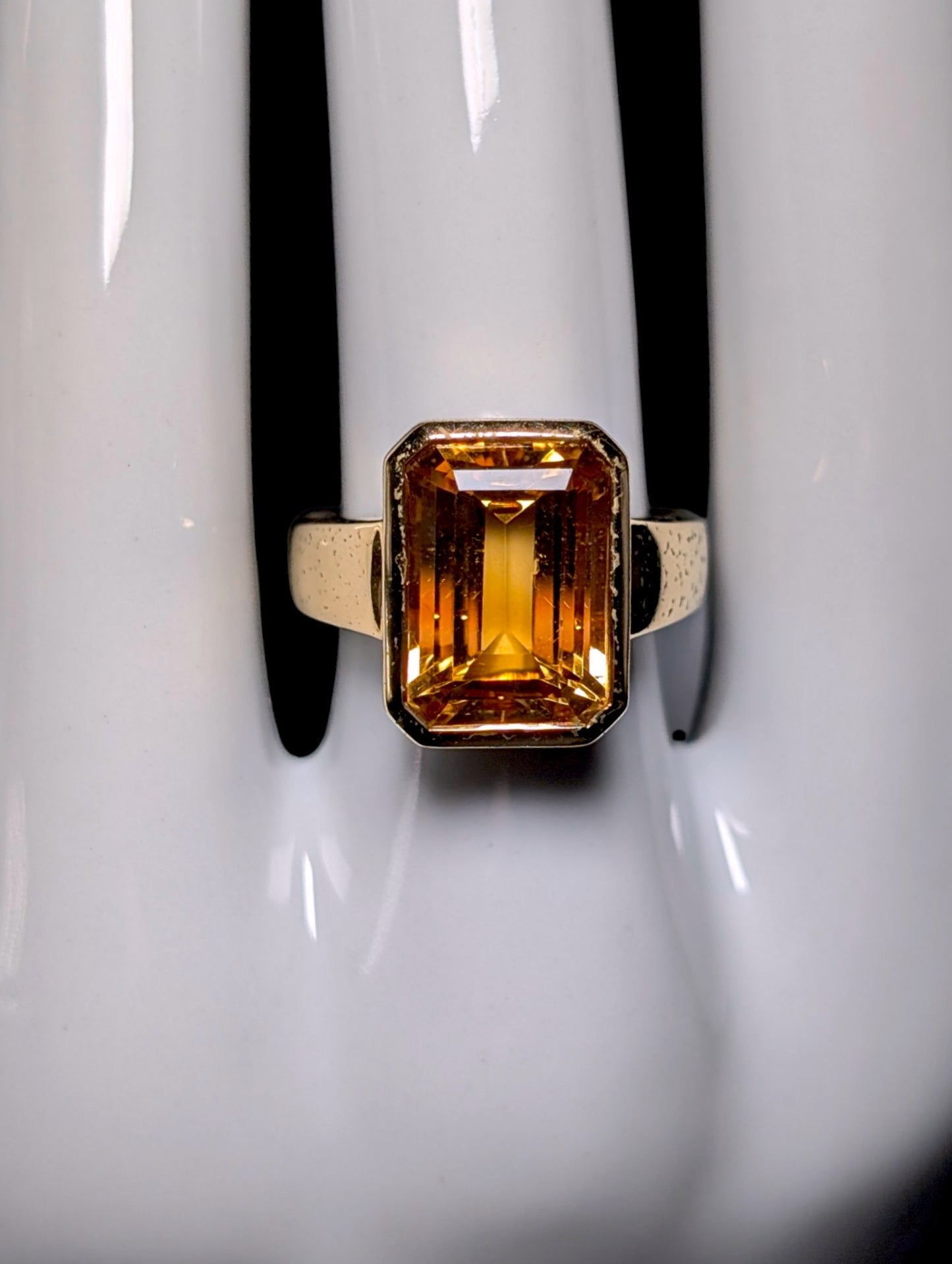 Vintage Emerald Cut Genuine Citrine Solitaire Rustic Gold over Sterling Bezel Ring