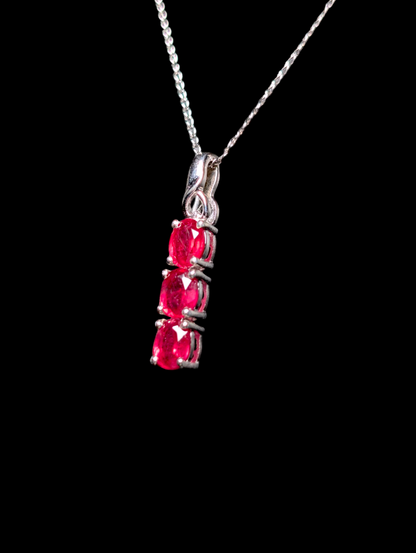 Vintage Oval Cut Three Stone Genuine Ruby Sterling Silver Dangle Pendant