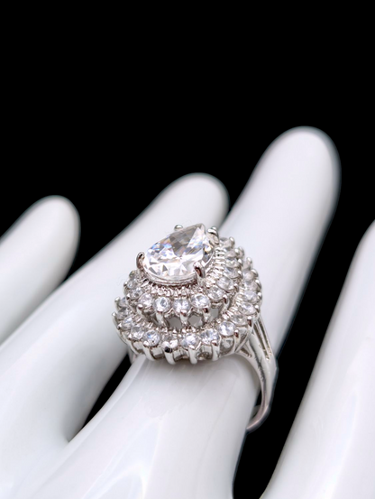 Vintage Lindenwold Double Halo and Pear Cut Simulated Diamond Silver Toned Statement Cocktail Ring