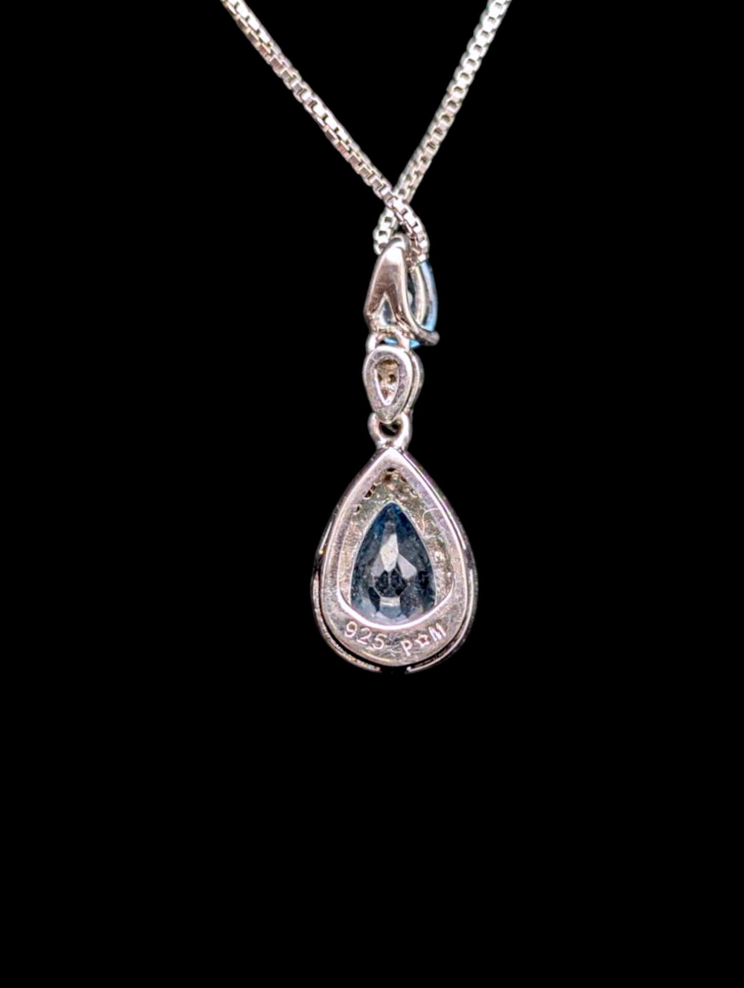 Vintage Dazzling Pear Cut Genuine Swiss Blue Topaz and Diamond Halo Dangle Sterling Silver Pendant