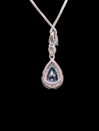 Vintage Dazzling Pear Cut Genuine Swiss Blue Topaz and Diamond Halo Dangle Sterling Silver Pendant
