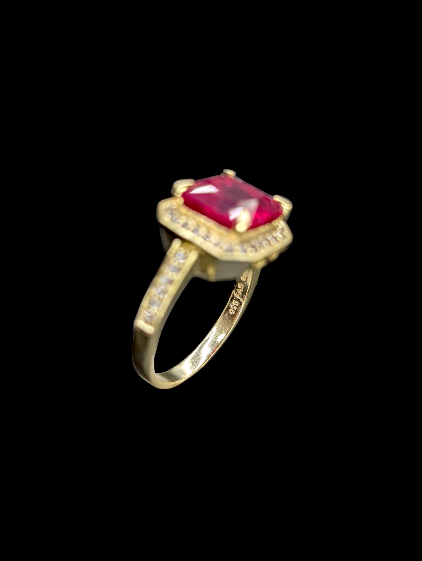 Vintage 5.6 Carat Solitaire Genuine Ruby and Zircon Halo 14k Gold Vermeil Princess Cut Ring