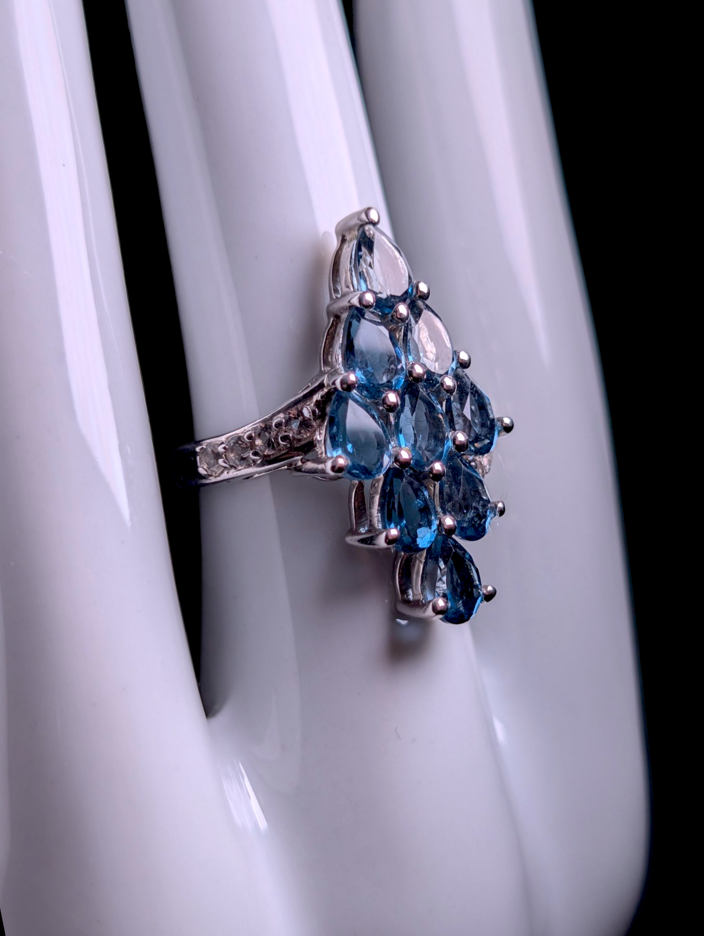 Vintage 4.5 Carat Waterfall Cluster Pear Cut Genuine London Blue Topaz and White Topaz Sterling Silver Ring