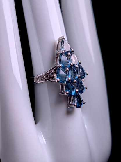 Vintage 4.5 Carat Waterfall Cluster Pear Cut Genuine London Blue Topaz and White Topaz Sterling Silver Ring