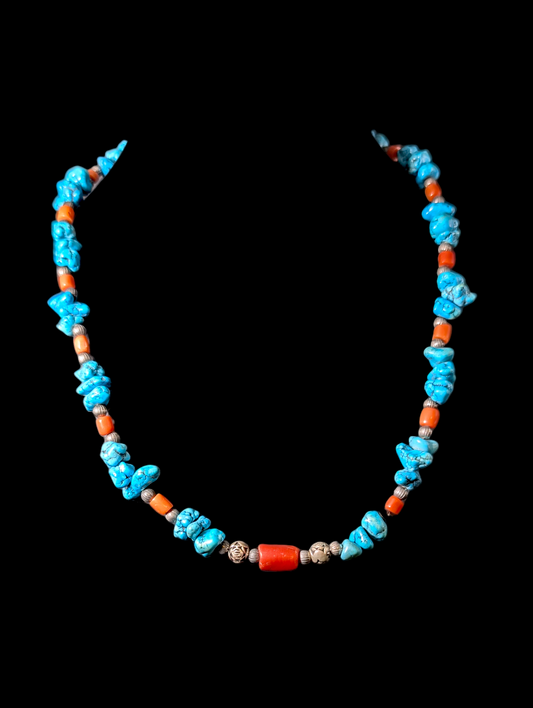 Vintage Verified Howlite and Orange Coral Silver Tone Beaded Necklace