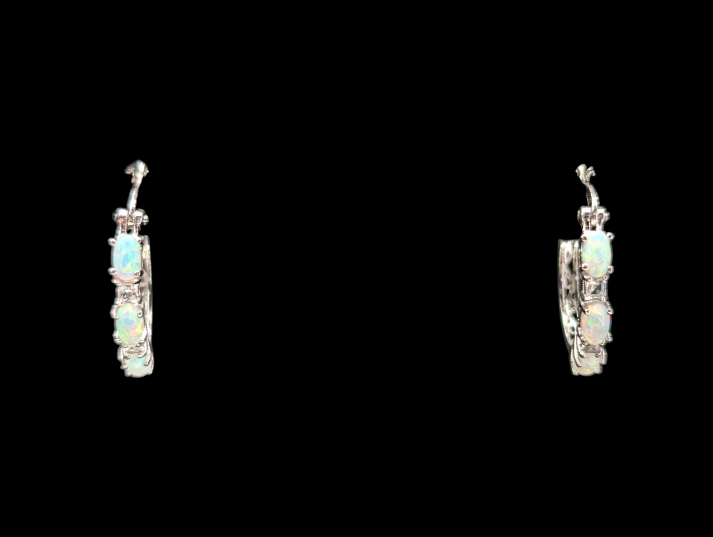 Vintage Genuine Opal and White Topaz Sterling Silver Hoop Earrings