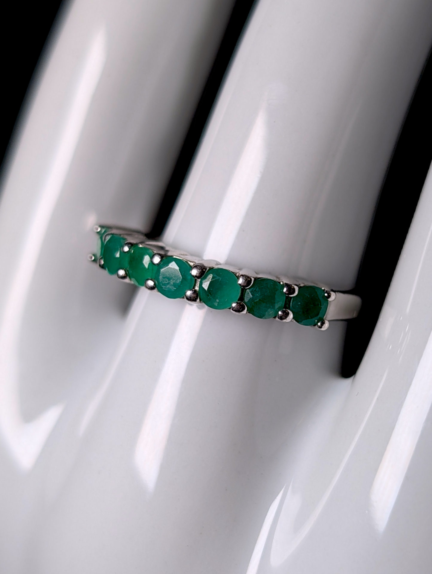 Vintage Half Eternity Band Round Cut Earth Mined Genuine Emerald Sterling Silver Ring