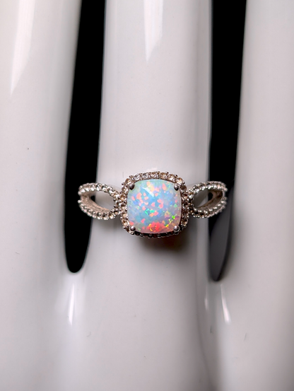 Vintage Cushion Cut Genuine Ethiopian Opal Solitaire and White Topaz Halo Split Shank 925 Sterling Silver Ring