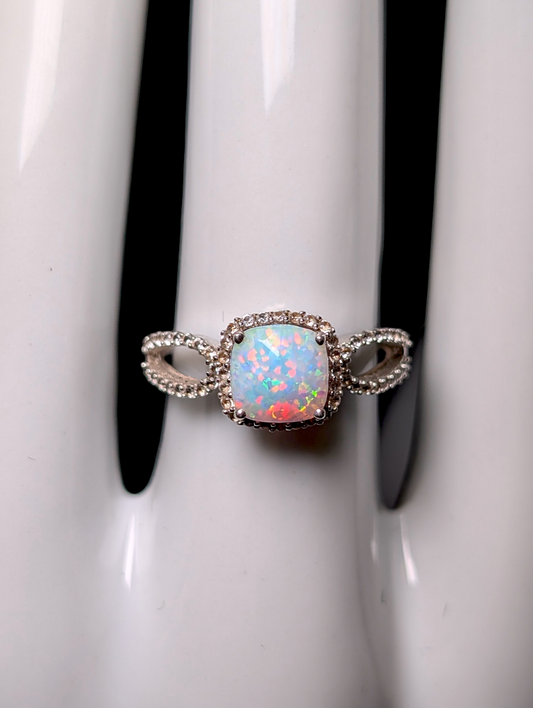 Vintage Cushion Cut Genuine Ethiopian Opal Solitaire and White Topaz Halo Split Shank 925 Sterling Silver Ring