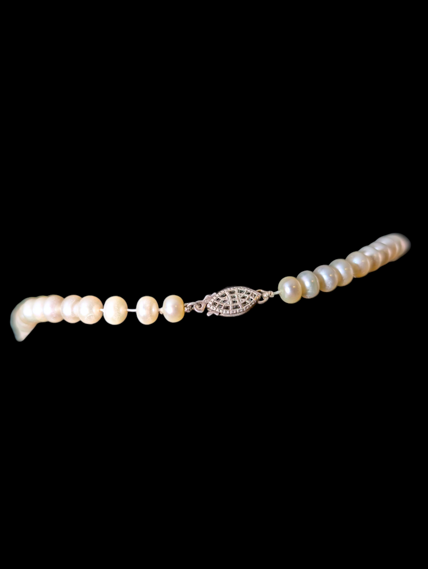 Vintage Hand Knotted Genuine Cultured Freshwater Potato Shaped Pearl and Hematite Sterling Silver Necklace