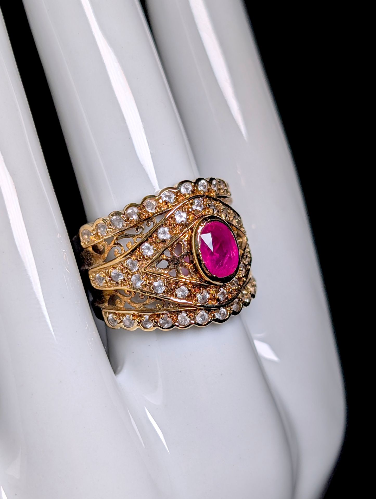 Vintage Unique Eye Motif Verified Ruby Solitaire and White Zircon Accented Gold over Sterling Silver Statement Band Ring