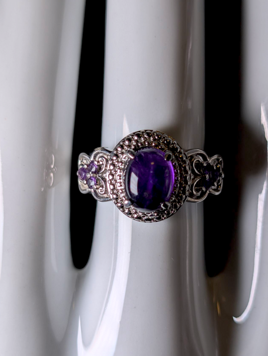 Vintage Cabochon Cut Genuine Amethyst Solitaire Double Halo Stainless Steel Butterfly Ring