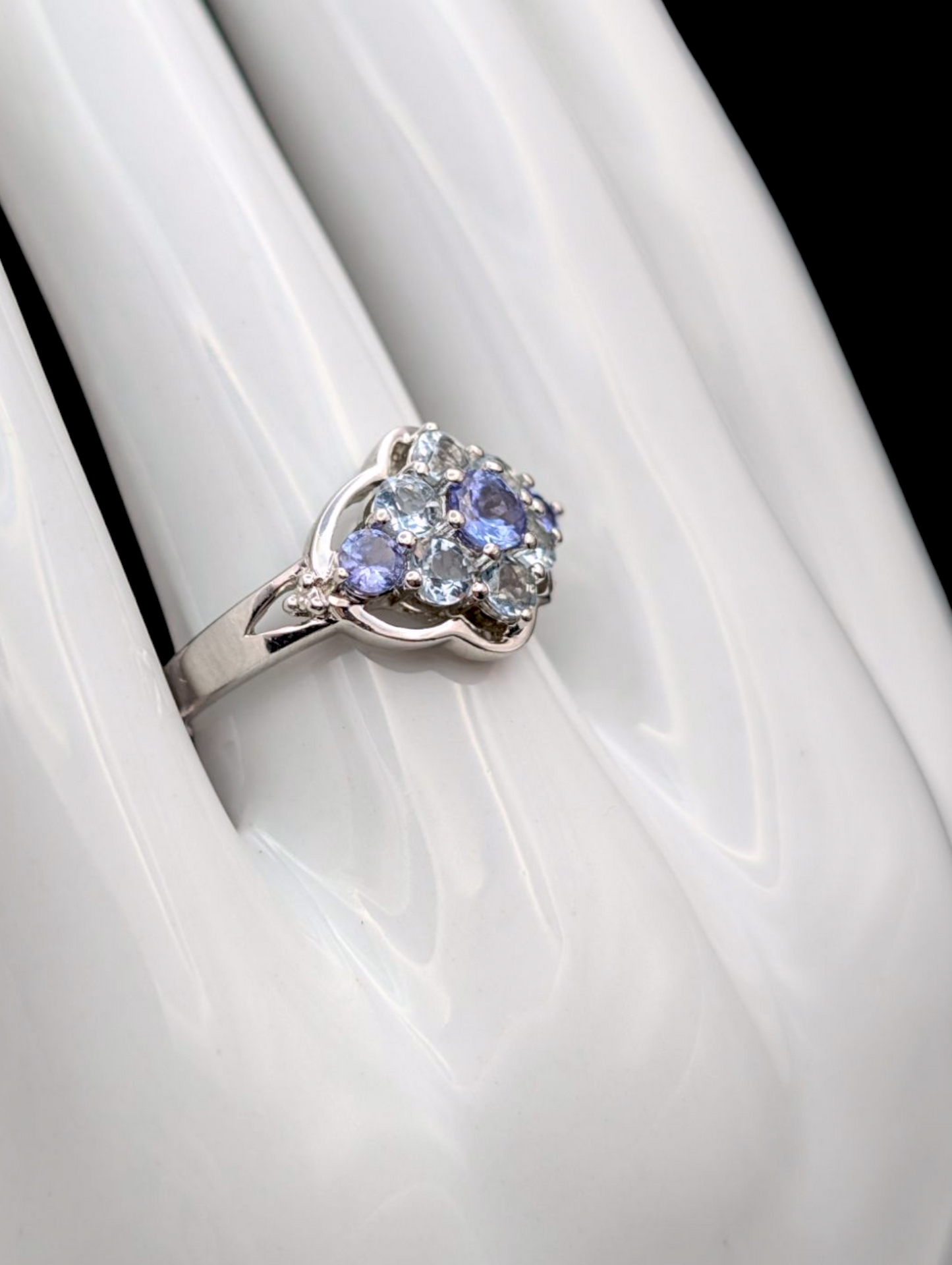 Vintage Cluster Genuine Tanzanite and Aquamarine with Diamond Accents Sterling Silver Ring