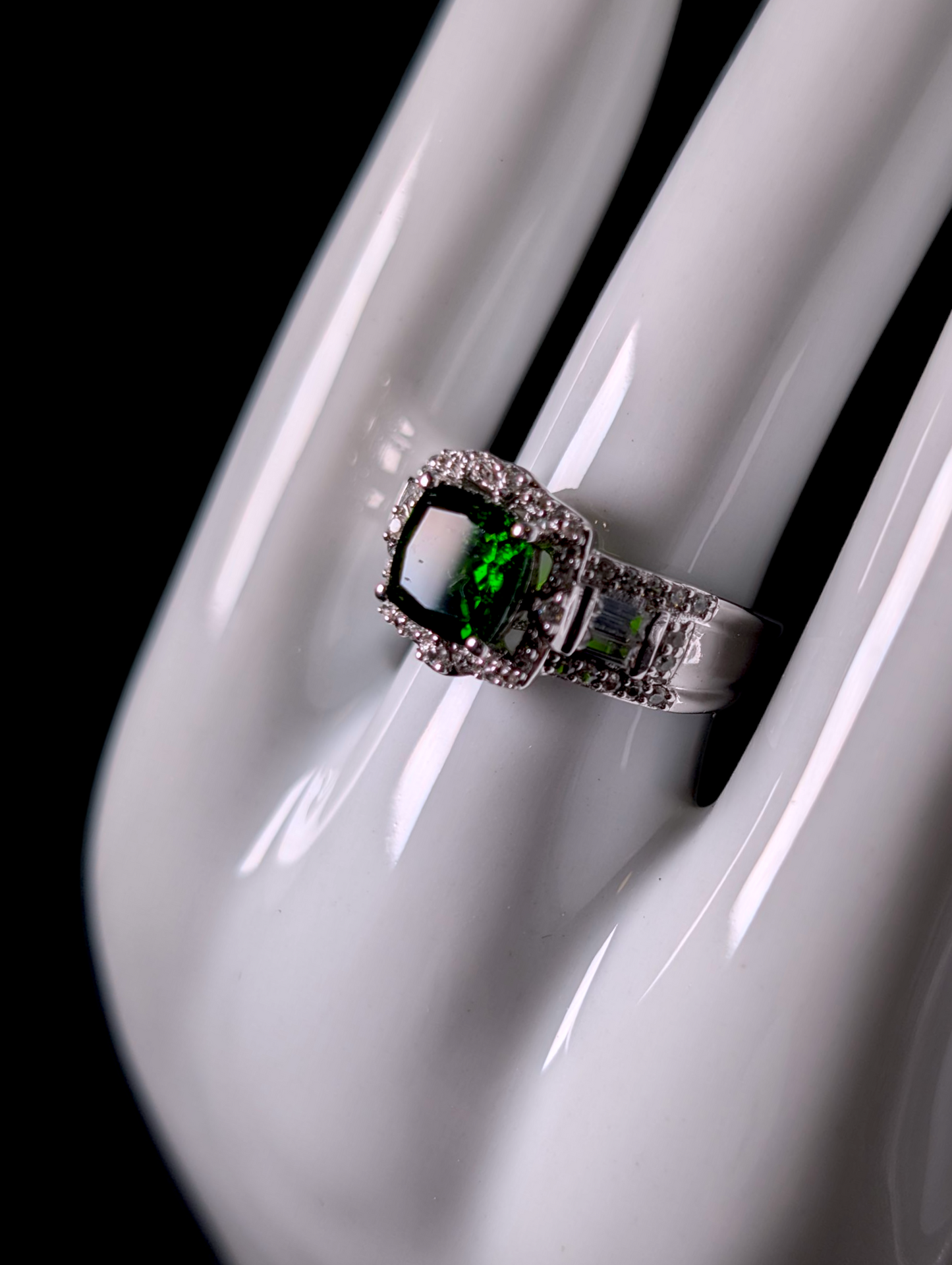 Vintage Cushion Cut Solitaire Emerald Green Genuine Chrome Diopside and White Topaz Halo Sterling Silver Ring