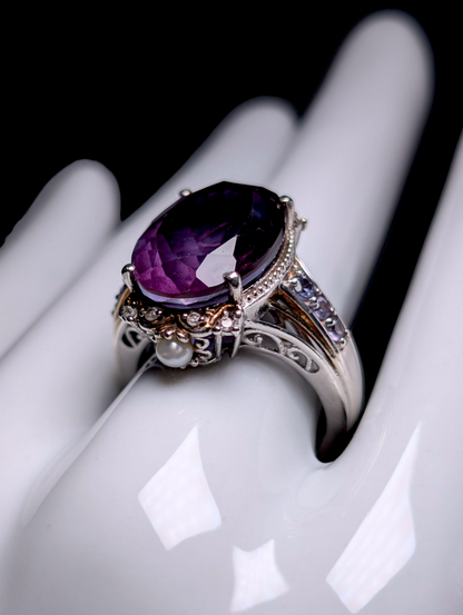 Vintage 12+ Carat Prong Set Oval Genuine Grape Amethyst Solitaire with White Zircon and Cultured Pearl Accent 18k Yellow Gold and Sterling Silver Ring