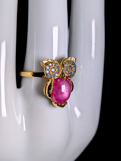 Vintage Owl Genuine Sapphire and Star Ruby 14kt Gold over Sterling Ring