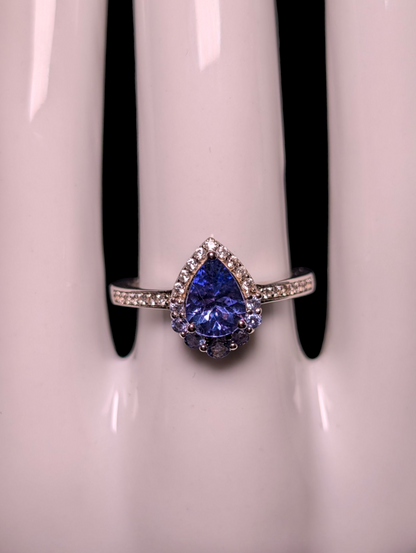Vintage Pear Cut Solitaire Genuine Tanzanite and White Zircon Halo Sterling Silver Band Ring