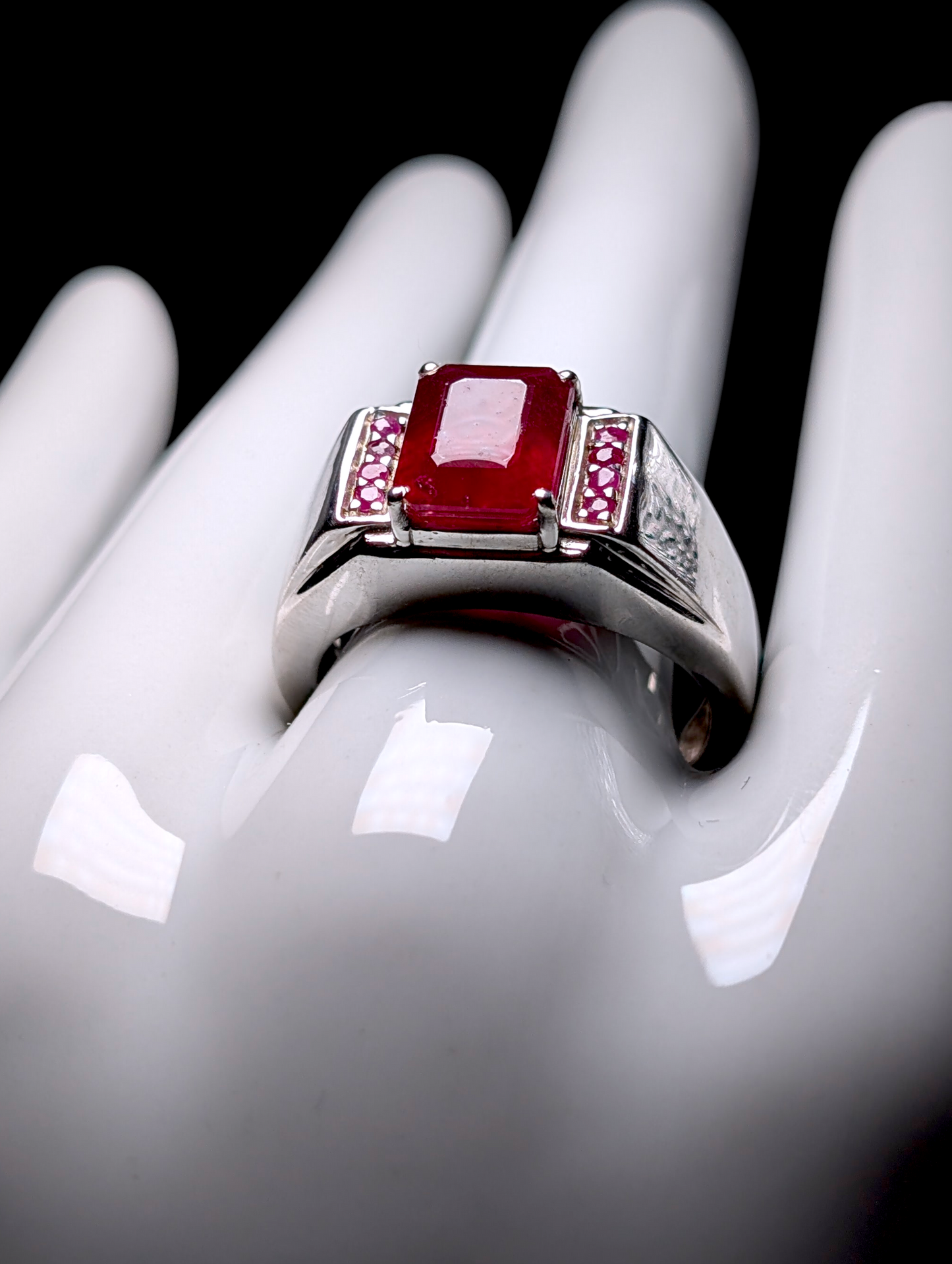 Vintage Emerald Cut Earth Mined Genuine Ruby Solitaire Sterling Silver Men's Ring